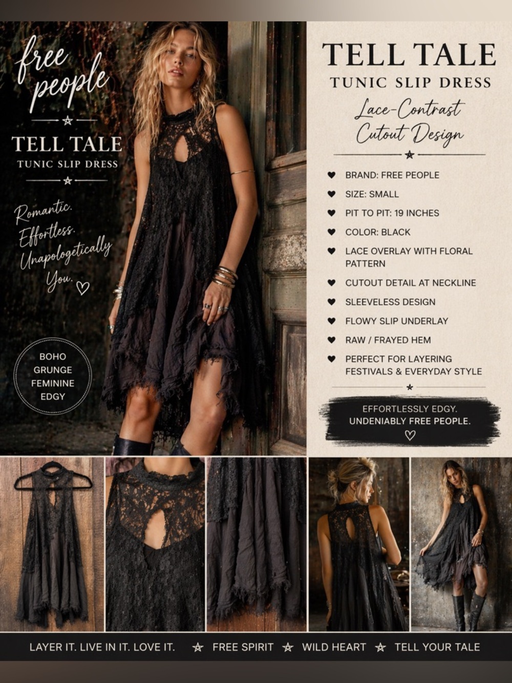 Free People Tell Tale Tunic Slip Dress Lace Cutout Black Boho Size Small Layered